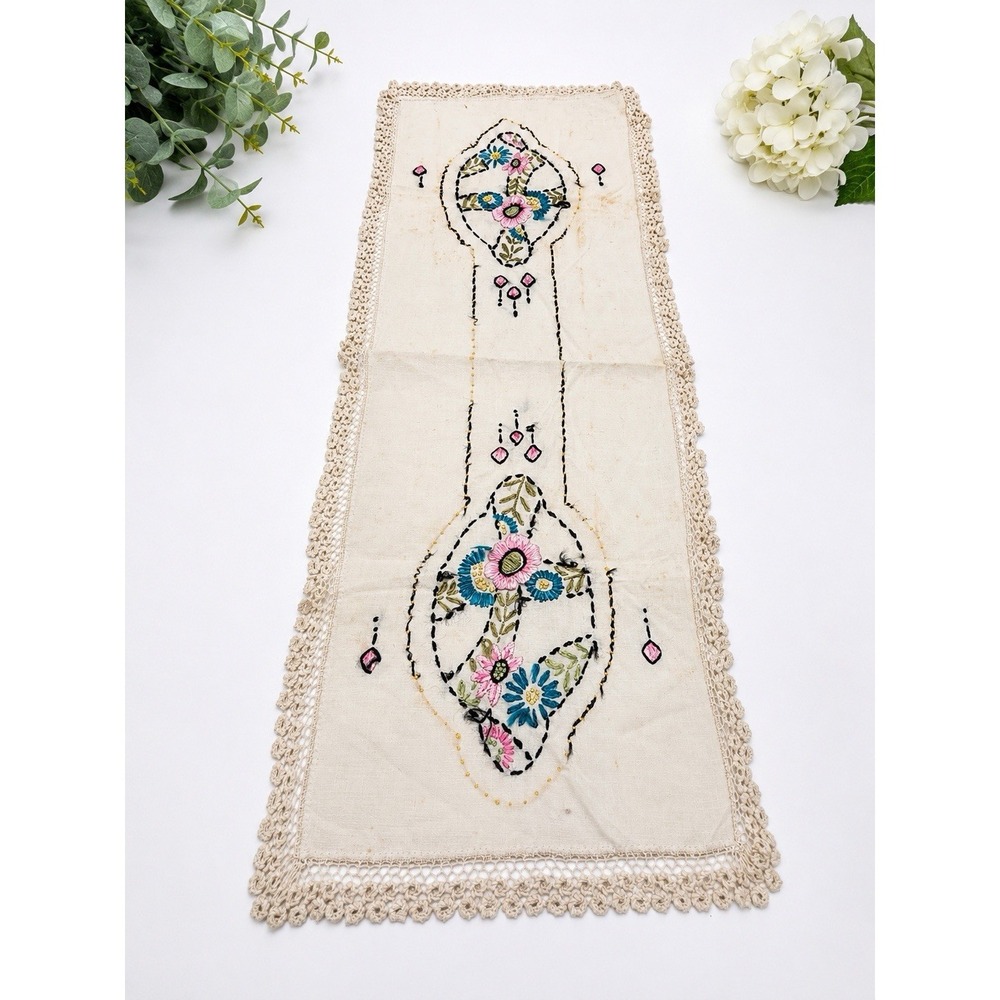 Vintage Hand Embroidered Table‎ Runner Crochet Lace Trim Floral 34x13 Read##